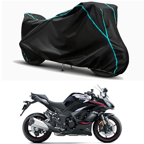 Image of Waterproof Bike Body Cover Compatible for | KawasaNinja 1000SX BS6 | Taffeta Fabric, Sky Piping Design, Bottom Elastic Fit | Dustproof, Sun UV & Rain Protection for All Weather.