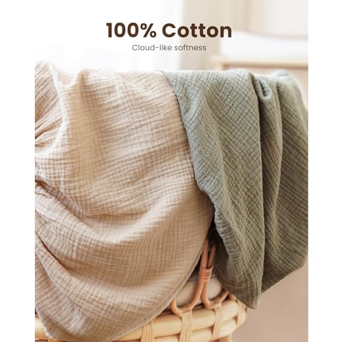 Image of Konssy 2 Pack Muslin Bassinet Sheets for Boys, Girls, 100% Cotton Soft Breathable Fitted Bassinet Mattress Sheet, 32 x 16 inches (Fog Green,Cream)
