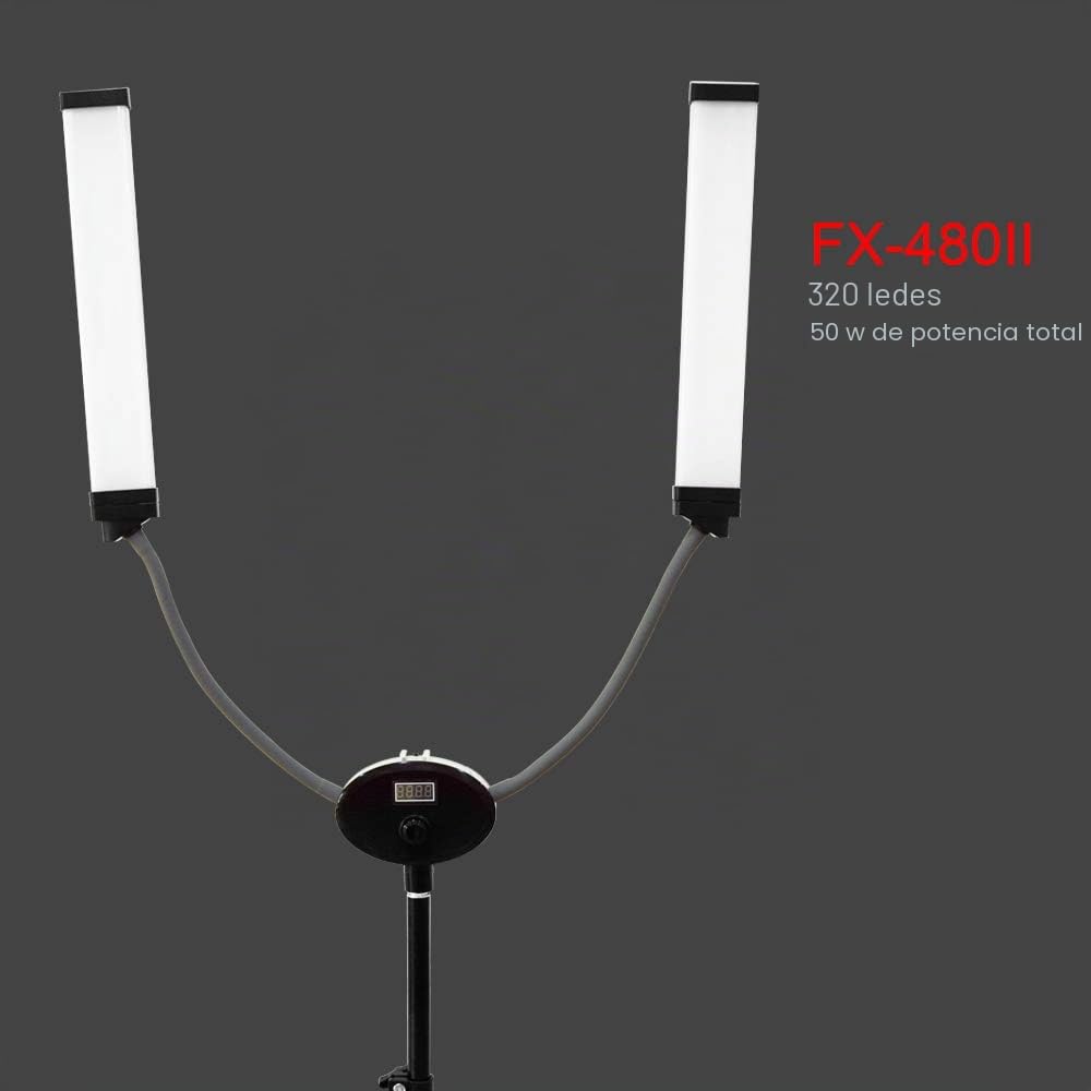 FX-480ii Plegable 50W 3200K-5500K LED Video Studio Doble Brazo Llenado Anillo de Luz con Puerto de Carga USB,Trípode de 200cm Tiras Largas Soportes para Teléfono Cámara YouTube Video