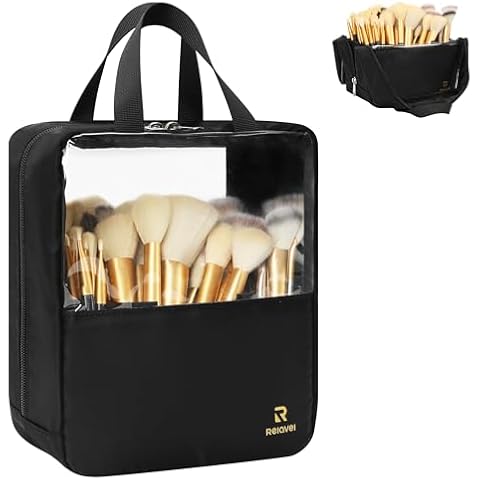 MONSTINA Extra Large Makeup Brush Organizer Bag,High Capacity Portable Stand-Up Makeup Brush Holder,Professional Artist Makeup Case Transparent Clear Cover