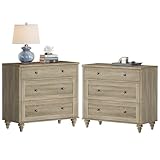 WAMPAT Farmhouse Nightstand with 3 Drawers, Set of 2 Large 3 Drawers Wood Bedside Table Night Stand, Wide Sofa Side End Table Chest of Dresser for Living Room, Bedroom, Wash Grey, 34 inch
