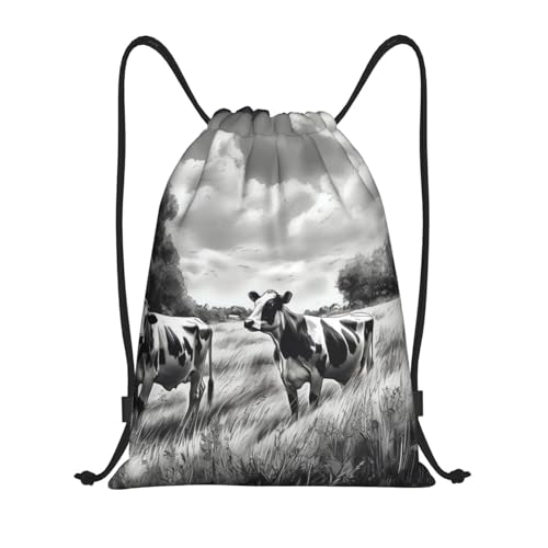ASLKXOPEMG Mochila con cordón de vaca de pie en el campo, bolsa de gimnasio, bolsa de cuerda para yoga, viajes, Negro, M