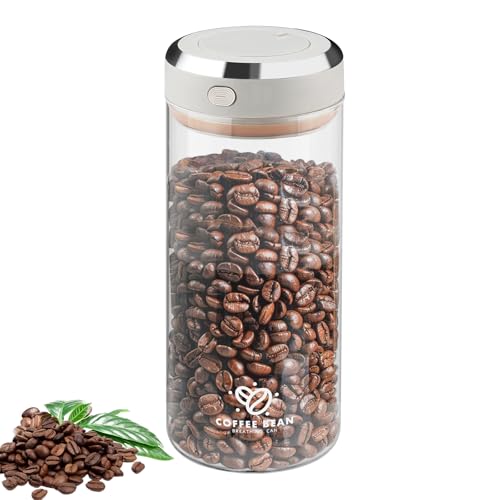 LEKEFETO Tarro de café de cristal hermético, 1,7 L, para granos de café, recipiente con tapa de vacío, hermética con válvula de salida e indicador de fecha, para granos de café, polvo, té, nueces