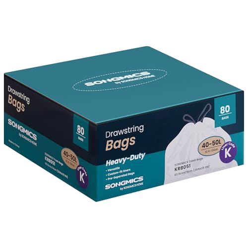SONGMICS Sacs Poubelles Résistants, Sacs Poubelles à Liens Coulissants pour Poubelles de Cuisine 50 L, Pré-séparés, Code du Sac K, 2 Rouleaux, 80 Pièces, Blanc KRB051A02