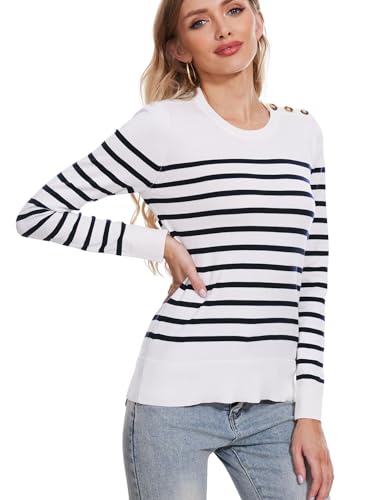 Image of Spicy Sandia Women's Long Sleeve Crewneck Sweaters with Dressy Cuff | Striped or Solid Available, Dressy Casual, Classic, Lightweight, For Office Work, Business Casual Outfits