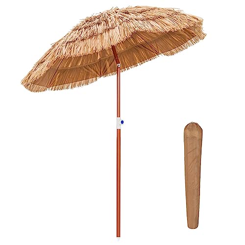 COSTWAY 1.8m Garden Hawaii Parasol, Folding Tilting Thatch Tiki Sun Umbrella with 8 Ribs, Tropical Hawaiian Straw Sunshade for Patio Pool Balcony Backyard