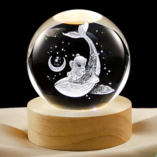 Image of 3D Whale Crystal Ball Lamp with Dimmable LED and Wooden Base, Night Light for Kids Teens Adults, Home Desk Office Bedroom Decor, Birthday Gift (2.4 inch / 6cm)