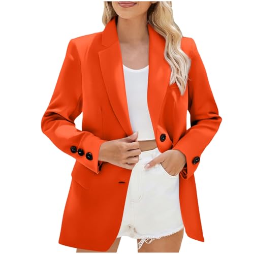 Generisch Blazer Damen Elegant Blazerjacke Dicken Longblazer mit Taschen Business Outfit Arbeit Sakko Thermal Anzug Anzugjacke Kostüm Formell Jacke Frauen Kostümjacke Freizeitanzug Orange XL
