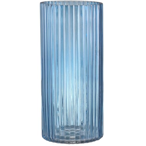 YANWE1 Blue Glass Vase, Glass Flower Vase, Ribbed Glass Vases, Blue Vase, Tall Cylinder Vases for Centerpieces, Living Room, Bedroom, Dining Table, Office, Wedding, Bookshelf Decoration, 10 Inches