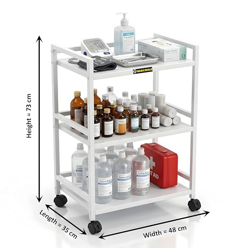 Image of Premium 3-Tier Metal Hospital Trolley with 4 Smooth Castor Wheels | Medical Instrument & Surgical Equipment Cart for Clinics, OT, Doctors & Hospitals (White)