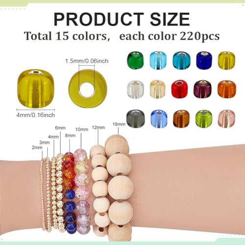 PH PandaHall 3300pcs Glass Seed Beads, 4mm Waist Beads 15 Color 6/0 Silver Lined Beads Small Pony Bead Mini Spacer Bead for Summer Friendship Bracelet Necklaces Jewelry Making Weaving