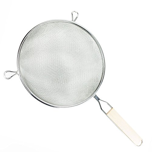 Huji Stainless Steel Fine 8" Double Mesh Food Strainer Colander Sieve Sifter with Wooden Handle for Kitchen Rice Pasta Noodles (2 Pack)