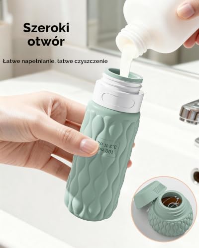 100/50 ml Silikonowe Flakony na Podróże z Etykietą, Zestaw 8 Pojemników na Flakony Podróżne z Kosmetyczką, Butelki Podróżne Wielokrotnego Użytku do Szamponu, Odżywki, Kremów