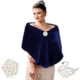 Jadive Chal de Pelo Mujer Estola de Piel Sintética Nupcial de Boda Noche Invierno 2 Broches de Diamante Falso (Azul Marino)