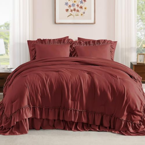 Image of King Size Comforter Set Syrah Red Ruffle 7 Pieces Farmhouse Bed in a Bag