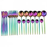 Cubiertos Acero Inoxidable Juego de vajilla de 24 piezas de acero inoxidable con tenedor, cuchillo y cuchara, juego de cubiertos y cubiertos.(24pcs Rainbow)