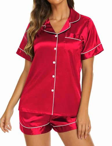 Image of Ekouaer Silk Pajamas for Women Short Sleeve Sleepwear Soft Button Down Loungewear 2 Piece Satin Pjs Shorts Set