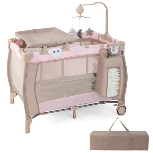 Image of HONEY JOY Pack and Play, 3 in 1 Portable Baby Playard with Bassinet, Changing Table, Lockable Wheels, Music Box, Foldable Travel Baby Crib Nursery Center from Newborn to Toddler (Coffee Pink)
