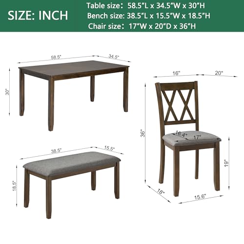 Image of LUMISOL 6-Piece Solid Wood Dining Table Set, Wood Kitchen Table with 4 Chairs and Bench, Farmhouse Dining Table with Bench and Chairs Set for Kitchen, Living Room, Walnut