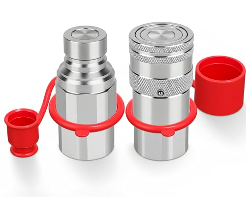 Rpeconu 1/2’’ NPT Skid Steer Hydraulic Couplers, Flat Face Hydraulic Quick Couplers with 2PCS Dust Covers, hydraulic quick connect fittings ISO16028 (Silver)