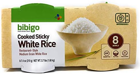 Bibigo Restaurant-Style Cooked Sticky White Rice - Pack of 2 Boxes - 8 Bowls at 7.4 oz each per Box (2 Cases, 16 Bowls Total)