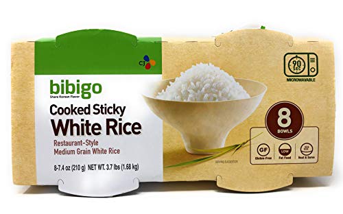 Bibigo Restaurant-Style Cooked Sticky White Rice - Pack of 2 Boxes - 8 Bowls at 7.4 oz each per Box (2 Cases, 16 Bowls Total)