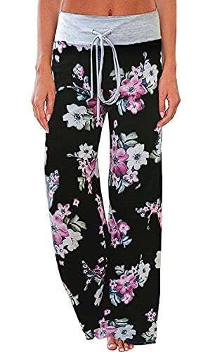 Image of Elsofer Women's Comfy Lounge Pants Soft Floral Pajama Pants Loose Drawstring Wide Leg Palazzo Pants for Sleep, Casual Wear