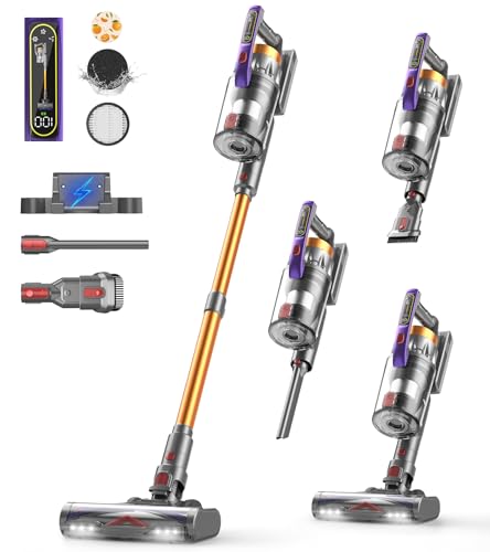 CHEBIO Akku Staubsauger, 580W/48000pa/65Mins Staubsauger Kabellos mit LED-Anzeige, Anti-Tangle-Bürste, Freistehender, Aufladen an der Wand, für Boden/Teppich/Tierhaare