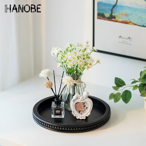 Hanobe Wood Decorative Tray Round: Black Beaded Coffee Table Tray Circle Modern Wooden Trays Home Decor Kitchen Counter Centerpiece Organizer