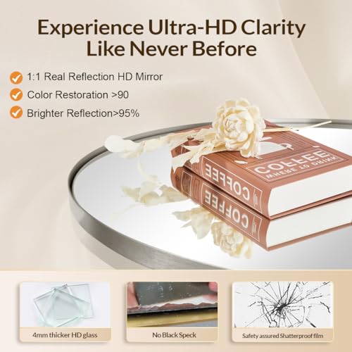 Image of ANDY STAR Round Bathroom Mirror, 24'' Brushed Silver Round Bathroom Mirrors in Stainless Steel Metal Frame 1 inch Deep Set Design