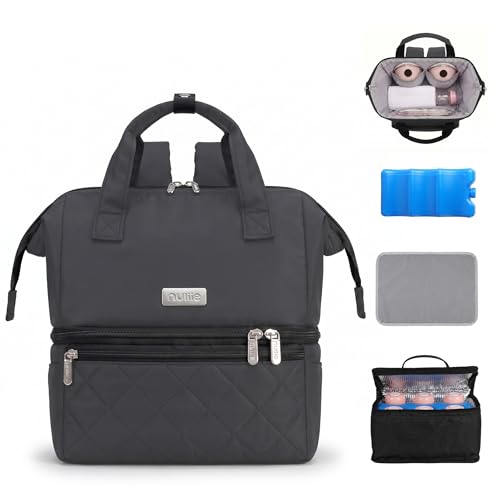 Nuliie Wearable Breast Pump Bag with Cooler Compartment Double Layer Pumping Bag with Ice Pack Breast Milk Cooler Travel Bag with Waterproof Mat Fits 6 Baby Bottles up to 10 oz Grey