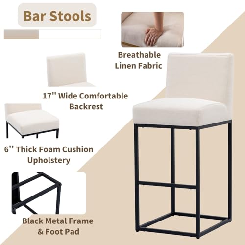 Image of HNY Modern Counter Height Bar Stool, Linen Fabric Upholstered Bar Stool with Backs, 31 Inch Kitchen Island Stools with Black Metal Frame, Cream