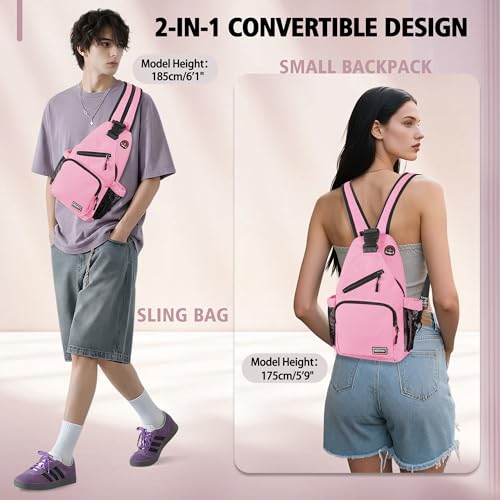 Image of Geestock Convertible Sling Bag for Women Men, Lightweight Crossbody Backpack Daypack Chest Bag Fit 10.9 inch Tablet for Travel, Sport, Hiking & Commute, Pink, 8.27inx3.94inx13.39in