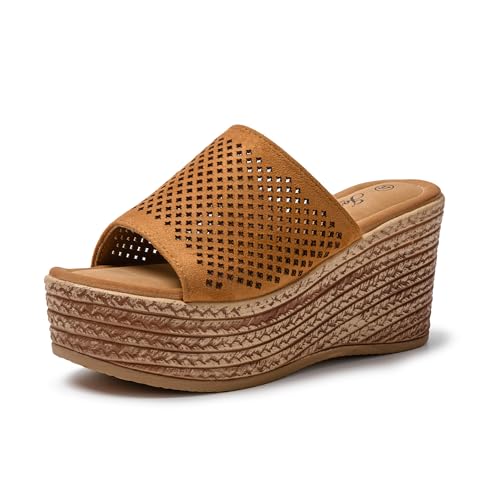 JOMIX Sandalias Mujer Verano con Cuñas Esparto Sandalias Cuña Mujer Piel Sandalias Mujer Comodas Playa Piscina Mar, Marrón, 38 EU