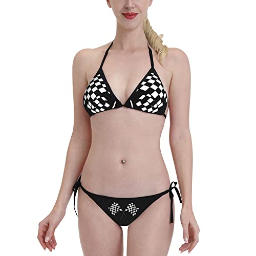 Checkered Flags Race Car Flag Women's Sexy Triangle Mesh Bikini Set Bathing Suit Beach Swimsuits Custom Pad Bra Swimwear Black2