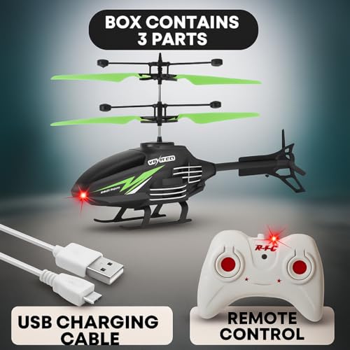 Image of KIDZYMON RC Helicopter with Hand Gravity Sensor, Flying Remote Control Helicopter Toy, Chargeble, 3D Light & Safety Sensor for Kids Age 4+ Years I Pack of 1 (Bleck Green)