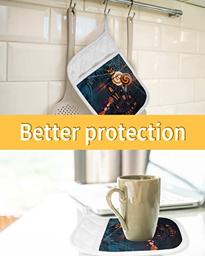 2 Pack Pocket Pot Holders, Halloween Hot Pads For Kitchen Heat Insulation Potholders, Horror Castle Spi-Der Web Candy Bats Navy Blue Pot Holder Oven Mitts Hot Pad Trivet For Baking Cooking 9"X7" #TOP6