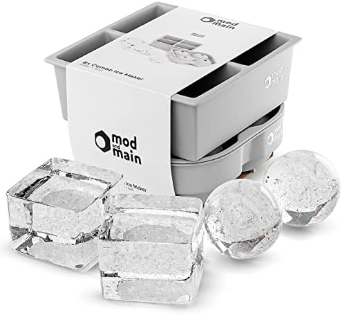 Mod And Main Ice Ball Maker Mold Makes 4 X 1.78" Ice Balls For Whiskey (Grey, 4 X 1.78" Balls + 4 x 2" Cubes)
