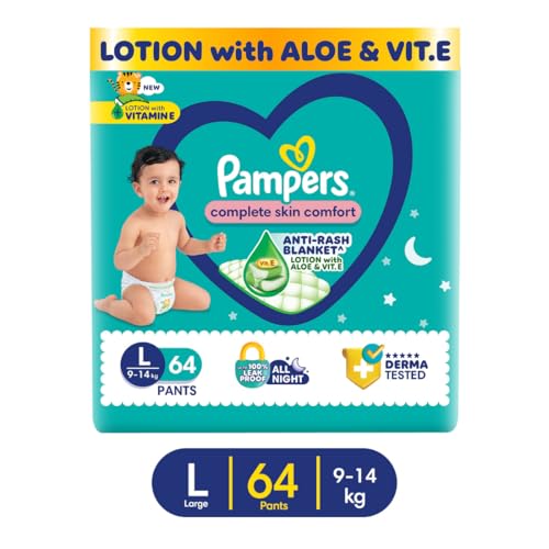 Pampers Complete Skin Comfort Pants, Anti-rash blanket, Lotion with Vitamin E & Aloe Vera, Large (L), 64 Count, 9-14kg