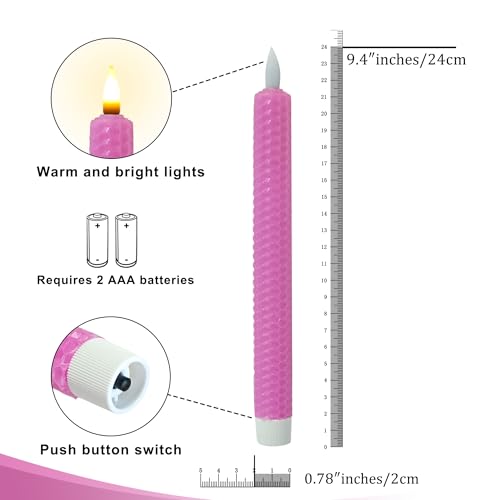 Image of Beeswax Honeycomb Flameless LED Taper Candles, 9.5 Inch Flickering Wax Candles with Remote & Timer, Pink Battery Operated Dripless Tapered Candle for Home Wedding Decor, 4 Pack