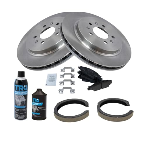 Image of TRQ Rear Brake Pad & Rotor Kit, with Chemical Kit Parking Brake Shoe Set Ceramic Compatible with 2005-2010 Cadillac STS