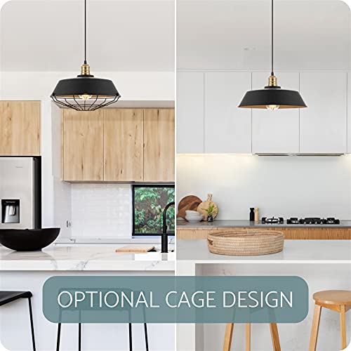 Kira Home Jaxon 14" Industrial Farmhouse Pendant Light, Wire Caged Hanging Light, Warm Brass Accents + Textured Black Finish #TOP3