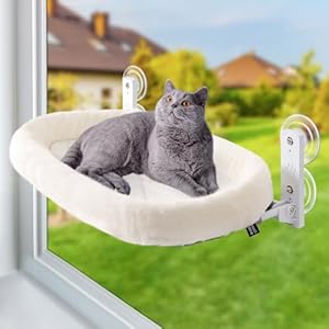 GUUSII HOME Hamac Chat Fenetre Perchoir Lit Fenêtre Panier Suspendu Etagere pour Grande Chats Pliable Transat Facile à Monter avec Ventouse Puissante Tapis Réversible 53 * 30cm Jusqu&rsquo;à 18kg (Blanc, M)