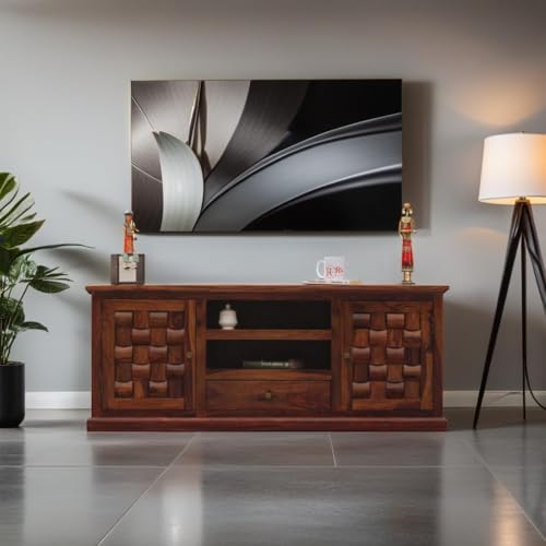 Image of Solid Wood TV Unit for Living Room 55 Inch Furniture - Wooden TV Unit with Storage Cabinet with 1 Drawr, 6 Shelves Wooden TV Cabinet for Living Room - Fits up to 55-Inch TV (Nathan)