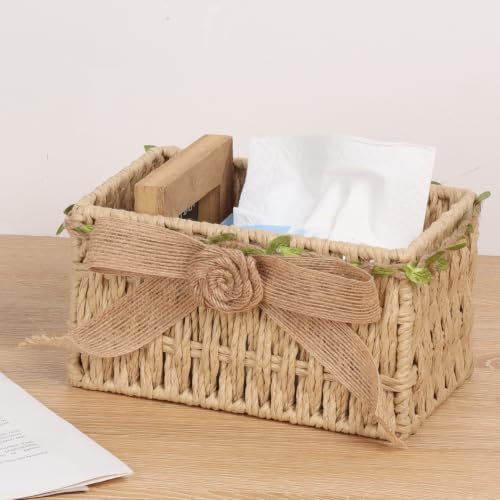 Moosky Mini Wicker Shelf Baskets Hand-Woven Paper Rope Storage Basket Bin with Decorative Bow, Rustic Farmhouse Organizer for Key Remote Control, Home Decor (Beige, 7.1” x 4.7” x 3.9”) - Image 2