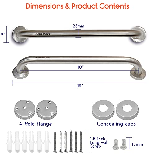 Image of KosmoCare 304 Grade Stainless Steel Grab Bar, Wall Mounted Safety Straight Grab Bar for Bathroom | Grab Bars for Toilet Senior Citizens | Toilet Grab bar for Elderly (10-inch Length - Pack of 2)