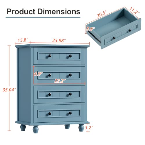 Image of 4 Drawer Dresser for Bedroom, 35'' Tall Storage Chest of Drawers, Blue