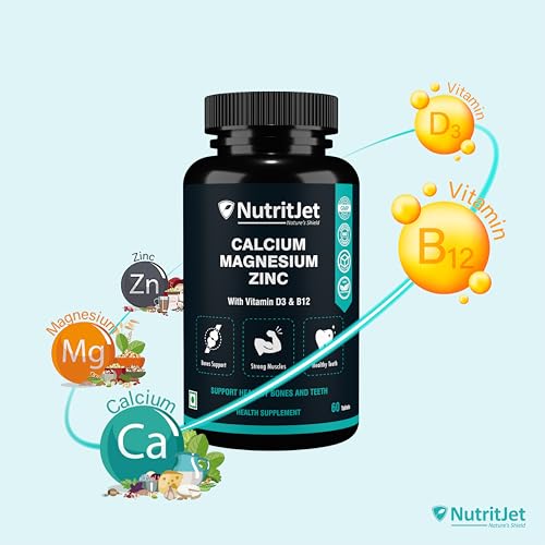 NutritJet Calcium Magnesium Zinc Vitamin D3 Vitamin B12 & Vitamin K2 – 60 Vegetarian Tablets for Bone Health, Joint Support, and Immunity Support for Women & Men
