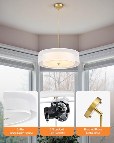 Image of VONLUCE 20.1 inch Drum Chandelier, 3-Light Fabric Modern Ceiling Light Fixture