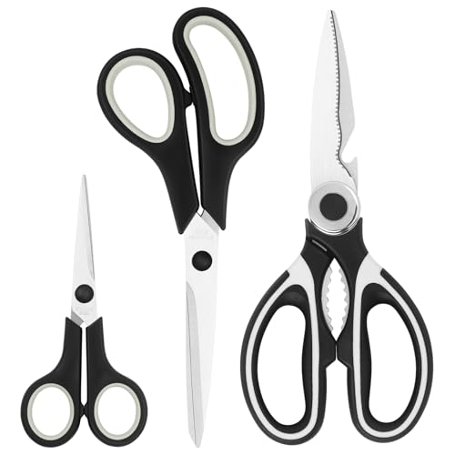Asdirne Küchenscheren mit scharfen Edelstahlklingen und weichen Griffen, multifunktionales Scheren-Set, 3-teilig, Schwarz/Grau